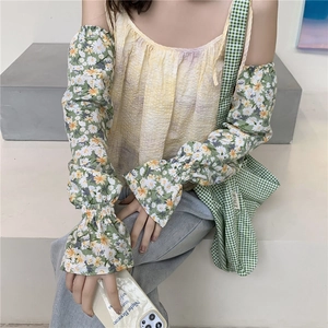 Floral Sun Protection Arm Sleeves Ice Satin Cooling Breathable UV Protection Ruffled Cuffs Outdoor Cycling For Women