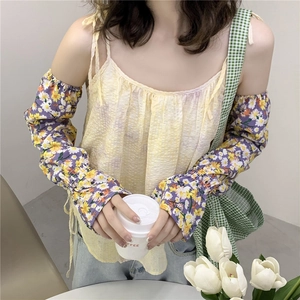Floral UV protection cooling arm sleeves with purple flower pattern and ruffled edges