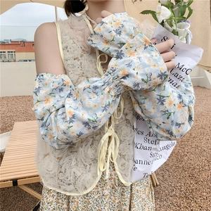 Floral print sun protection ice silk arm sleeves with white lace vest for outdoor wear