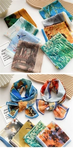 Close-up detail of artistic silk scarf with Van Gogh oil painting prints and smooth texture