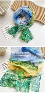 Detail of artistic Van Gogh oil painting style silk scarf with vibrant floral patterns