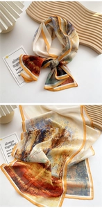 Detail of impressionist oil painting silk scarf with elegant yellow stitched edges