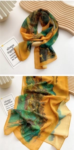 Detail of a lightweight long scarf featuring vintage oil painting landscape prints