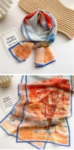 Detail of impressionist oil painting silk scarf with autumn forest pattern in soft lighting