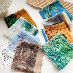 Long artistic print silk scarf for women featuring elegant floral and oil painting patterns
