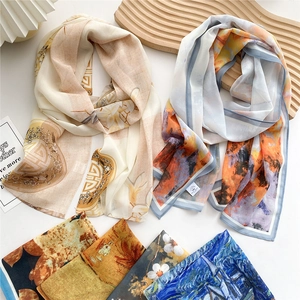 Long summer silk scarf for women featuring artistic floral and Van Gogh oil painting prints