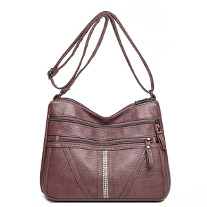 Retro soft leather large capacity crossbody bag for women with rhinestone details and zippers