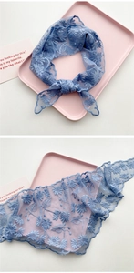 Detail der Stickerei eines hellblauen Spitzen-Halstuchs mit hohlen floralen Mustern und Textur