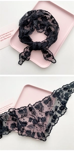 Detail der eleganten schwarzen Spitzenstickerei und der transparenten Netztextur für Frisuren