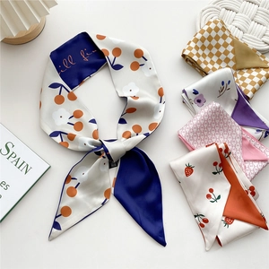 Elegant floral and fruit print skinny silk scarf for hair, neck and handbag decoration