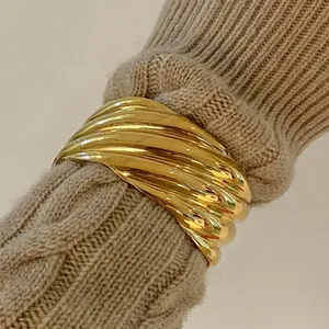 Wide Cuff Bracelet Stainless Steel Gold Plated Ripple Wave Irregular Open Bangle For Women Minimalist Fashion