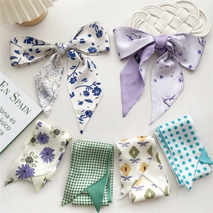 Skinny Scarf Long Satin Ribbon Hair Tie Bandana Neck Scarf Bag Handle Wrap Floral Polka Dot For Women