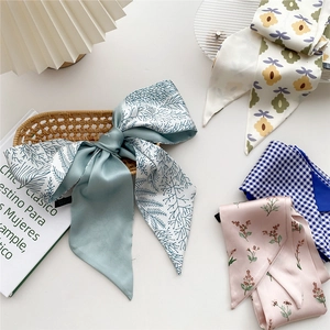 Elegant silk-like narrow scarves with floral and plaid patterns for hair and bags