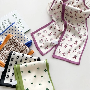 French Style Long Narrow Satin Scarf Polka Dot Floral Geometric Print Satin Like Ribbon Hair Band Versatile Women Accessory