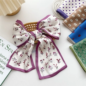 Floral silk-feel scarf hair ribbon with purple print and elegant decorative edging