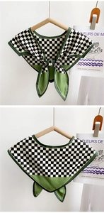 Detail of checkered neck scarf with green trim showing front bow and back cape look
