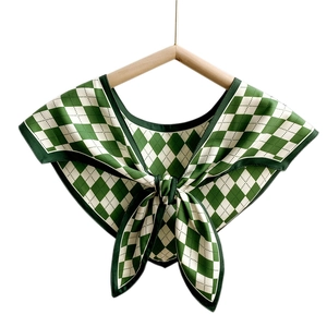 Green and white diamond pattern decorative faux collar shawl with bow tie ribbon