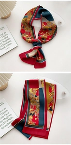 Detail of a patterned skinny silk scarf with vibrant geometric and floral designs