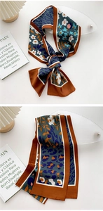 Detail of slim retro floral scarf with leopard print and geometric F-pattern motifs