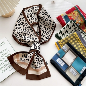 Fashionable leopard print and geometric pattern narrow silk scarves with satin finish