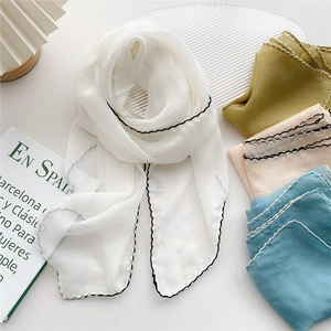 Elegant solid color long silk scarf set in white, green, and pink lightweight chiffon
