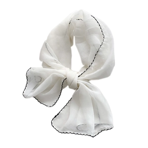 White silk scarf with black scalloped edges and knotted design for women