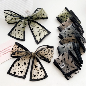 Elegant organza bow hairbands with vintage leaf patterns and black contrast edging