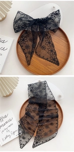 Detail of black lace ribbon with floral embroidery and breathable mesh texture