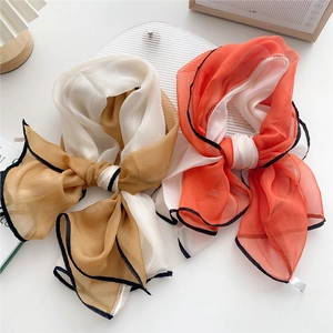 Elegant thin silk scarf with color block splicing and contrast black trim for women