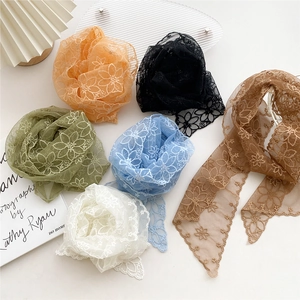 Lightweight mesh lace skinny scarf with floral embroidery in multiple colors