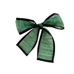 Polka dot mesh ribbon hair tie in forest green with a French bow design for women