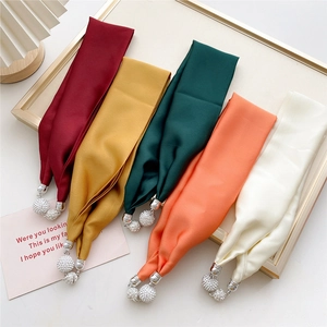 Solid Color Satin Satin Scarf Necklace For Women With Magnetic Rhinestone Ball Buckle Elegant Neck Wrap Narrow Hair Band