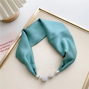 Detail of teal satin scarf necklace with sparkling rhinestone spheres on display board