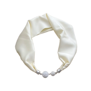 Elegant cream satin scarf necklace with sparkling crystal magnetic buckle for women