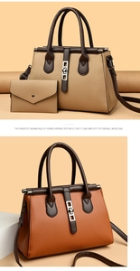 Detail view of khaki and orange pebble leather tote bags with matching wallets and metal buckle