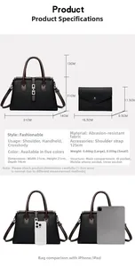 Detailed size chart for black pebble leather tote bag set with dimensions and structure