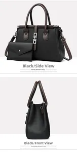 Detail view of black pebble leather tote with brown handles and small envelope pouch
