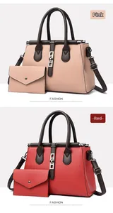 Detail view of pink and red tote bags set with matching pouches and textured leather finish