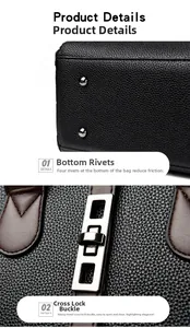 Detail of black litchi grain leather bag with silver base studs and metal cross lock