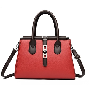Red and brown two-tone faux leather tote bag with lychee texture and silver metal lock