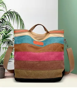 Detail of multi-color striped canvas tote bag with woven shoulder strap and logo patch