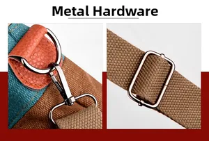 Close-up of silver metal hardware, D-ring and swivel hook on colorful canvas bag