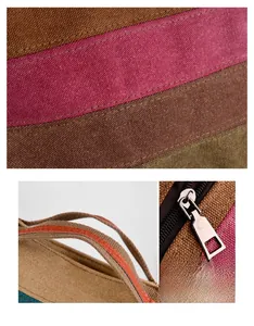 Detailed view of multicolored canvas fabric and reinforced stitching with orange leather handle