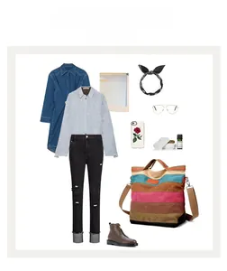 Fashionable flat lay display of colorful striped canvas tote bag with casual denim outfit
