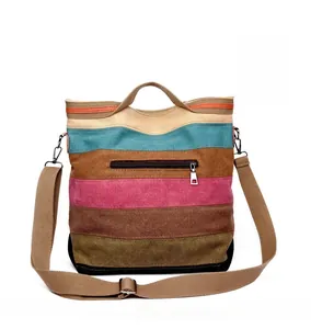 Detail view of the colorful striped canvas bag showing the back zipper pocket and shoulder strap
