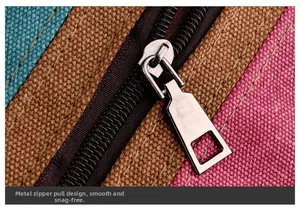 Detailed macro view of the premium metallic zipper on this striped canvas tote bag