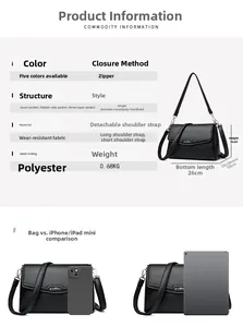 Detailed size chart and specifications for the black crossbody bag with dual straps