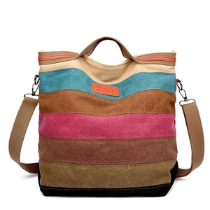Canvas Striped Tote Bag Multi Color Large Capacity Crossbody Handbag Casual Travel Retro Shoulder Bag For Women