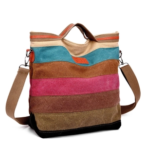 Casual striped canvas tote bag with colorful patchwork and adjustable shoulder strap