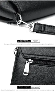 Detail of silver swivel hook and embossed zipper on black pebbled leather shoulder bag
